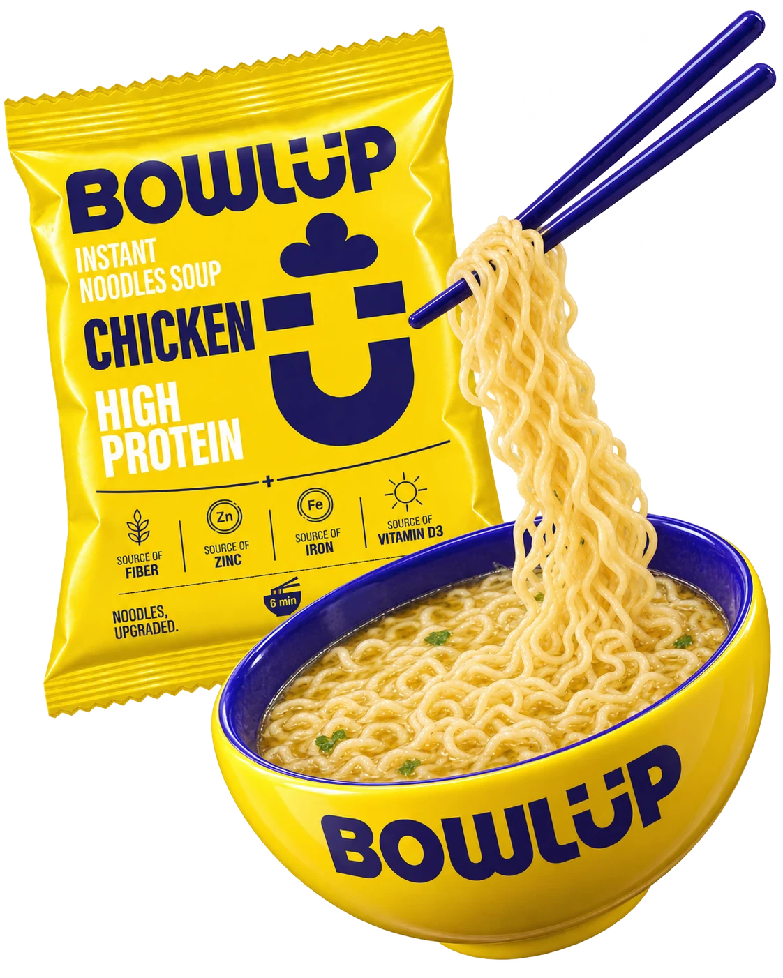 BOWLUP high-protein chicken noodles in yellow packaging, with a bowl of noodles and chopsticks