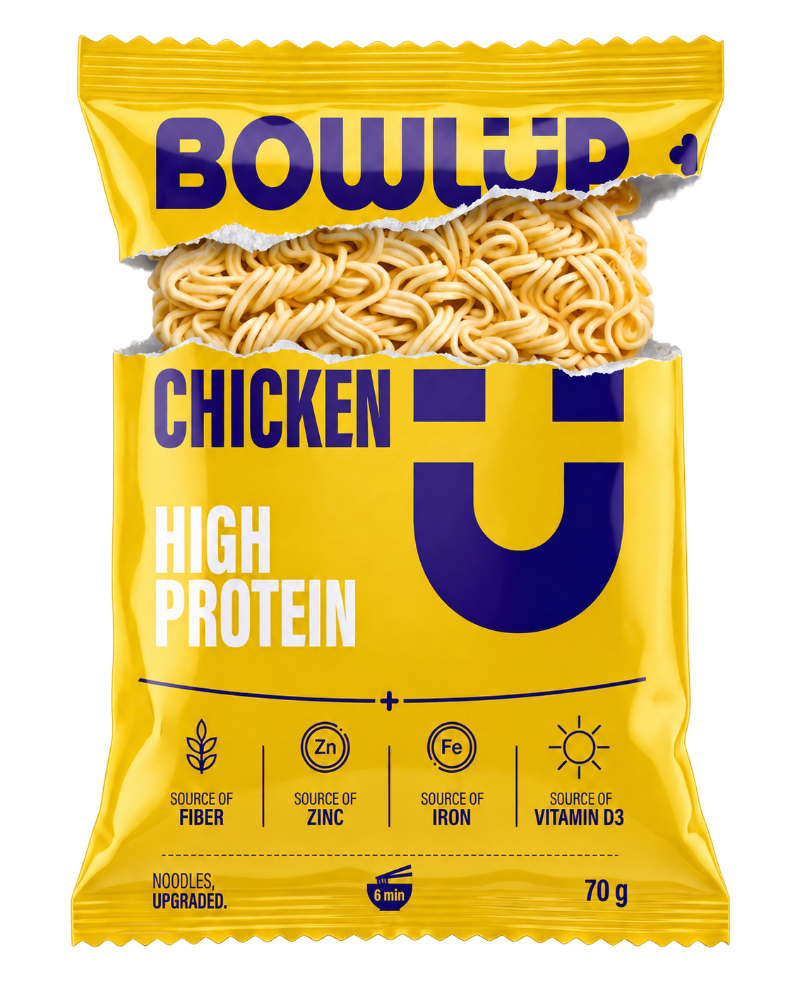 BOWLUP Chicken pack torn open to reveal the protein noodles inside